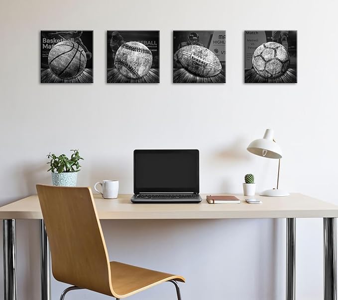 BLINFEIRU Sports Wall Decor for Boys, Black and White Sports Wall Art, Vintage Soccer Football Baseball Basketball Pictures Artwork, Modern Canvas Prints Home Men Bedroom Decoration 12"x12"x4
