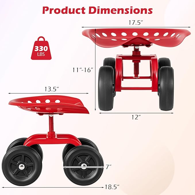 Garden Cart with Seat, Heavy-Duty Rolling Outdoor Wagon Scooter w/Height Adjustable & 360° Swivel Seat, Gardening Work Seat Stool, Patio Scooter on Wheels for Lawn Yard Planting(Red)