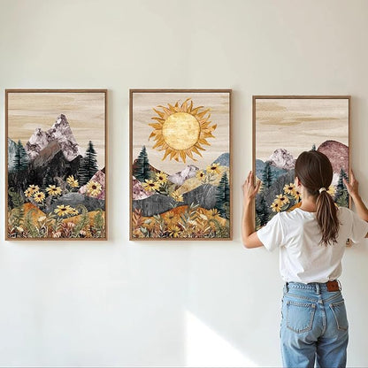 Rantodecor Boho Mountain Framed Canvas Wall Art, Western Daisy Floral Landscape Wall Decor, Rustic Fern Flowers Art Painting, Modern Fantasy Nature Sun Artwork for Bedroom Living Room Office 16"x24"x3