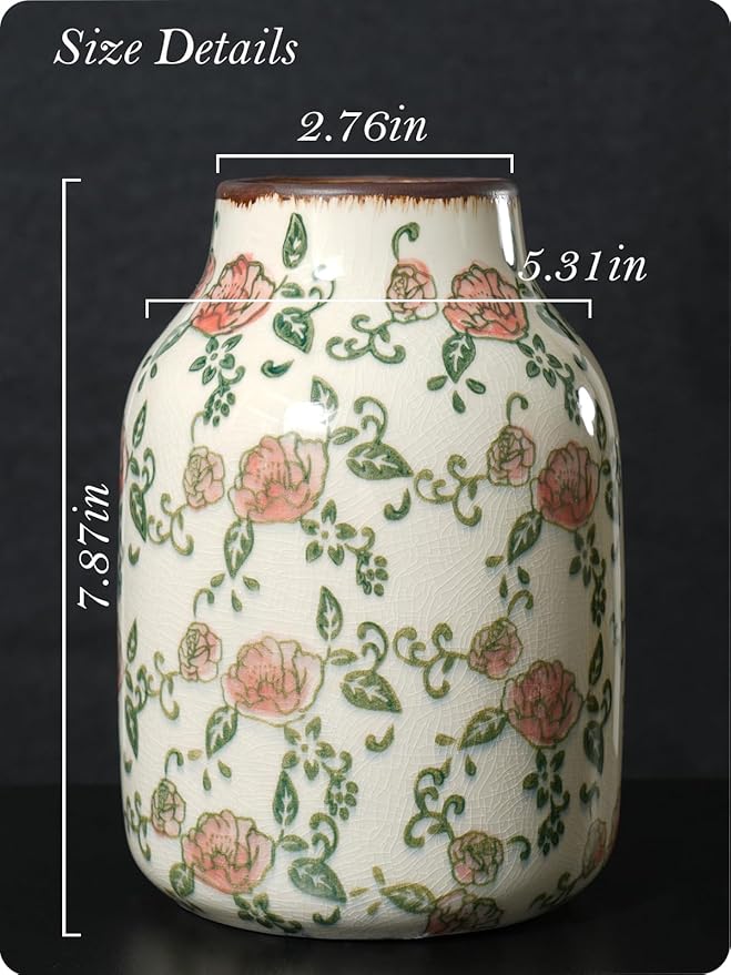 Vintage Ceramic Vase - 7.8 Inch Hand-Painted Roses with Ice Crackle Glaze Finish, American Farmhouse Style Pitcher Vase for Home Decor, Centerpiece, Shelf, Table, Office, Rustic Wedding Gift