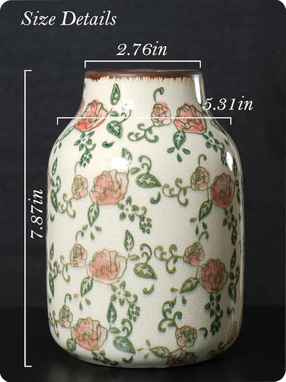 Vintage Ceramic Vase - 7.8 Inch Hand-Painted Roses with Ice Crackle Glaze Finish, American Farmhouse Style Pitcher Vase for Home Decor, Centerpiece, Shelf, Table, Office, Rustic Wedding Gift