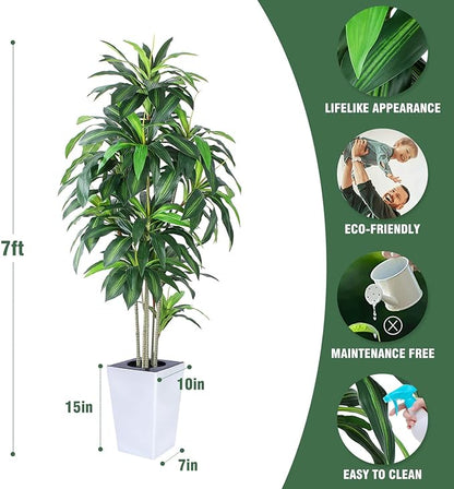 Artificial Dracaena Tree with White Tall Planter, 7ft Tall Potted Artificial Dracaena Silk Plant, Fake Yucca Tree Plant, Home Office Floor Room Decor Plants Indoor Outdoor, Housewarming Gift