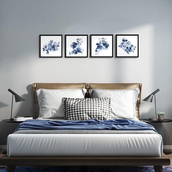 ArtbyHannah Framed Bathroom Wall Decor, Navy Blue Wall Art with Black Frame and Watercolor Floral Prints Pictures for Kitchen Bedroom Home Decorations (4 Pack, 10x10 Inch)