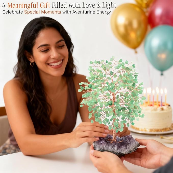 Crystal Tree of Life,Natural Green Aventurine (406 Beads Count) Amethyst Cluster Base, Positive Energy Feng Shui Gem Bonsai Money Tree Good Luck,Gift Size 8.5-9 Inches