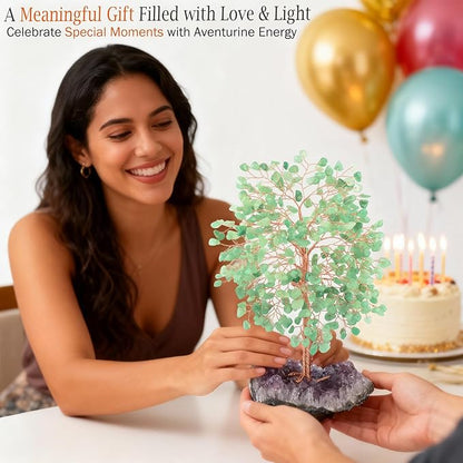 Crystal Tree of Life,Natural Green Aventurine (406 Beads Count) Amethyst Cluster Base, Positive Energy Feng Shui Gem Bonsai Money Tree Good Luck,Gift Size 8.5-9 Inches