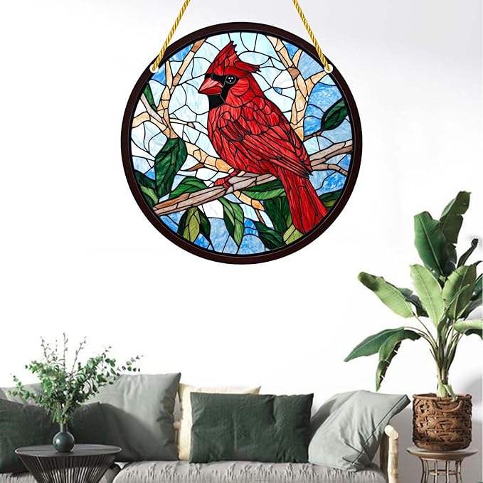 Acrylic Stained Window Hanging Cardinal Acrylic Decoration for Indoor Outdoor Home Bar Office Garden Plastic Ornament Decor 8x8 Inch
