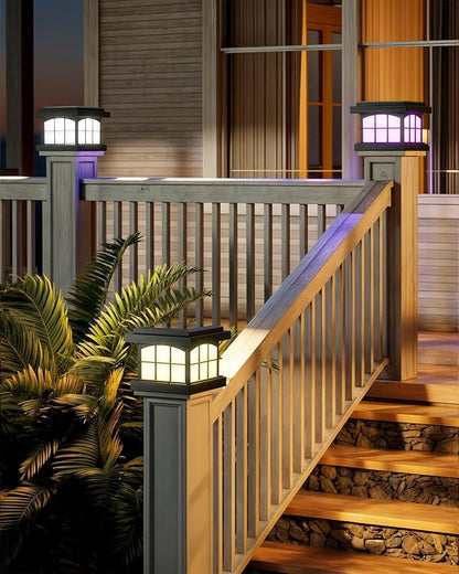 PARTPHONER RGBCW Solar Post Cap Lights 8-Pack, 9 Colors 3 Modes Fence Caps, Bright Solar Outdoor Waterproof LED Deck Lighting for Fence Garden Deck Patio Porch Decor 4x4 Vinyl/Wood, Black