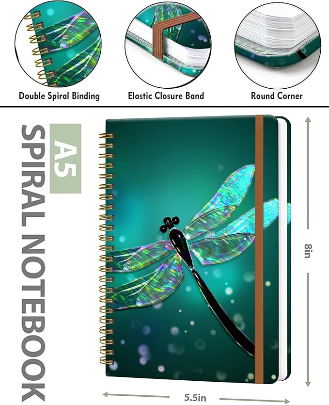 Spiral Journal Notebook for Women, Hardcover A5 College Ruled Notebook, 120 Pages, Thick Paper, Cute Lined Journal for School, Office & Work, 6 x 8.4 in(Dragonfly)