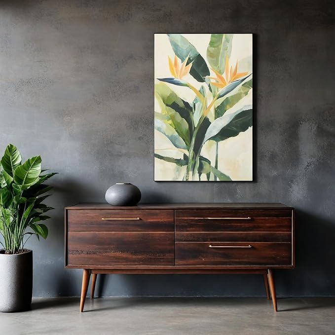JolyWell Hand-paintd Botanical Canvas Wall Art Watercolor Green Leaf Tropical Plant Art Prints Boho Decor Bird of Paradise Flowers Leaf Wall Painting for Living Room Bedroom 24 x 36 IN