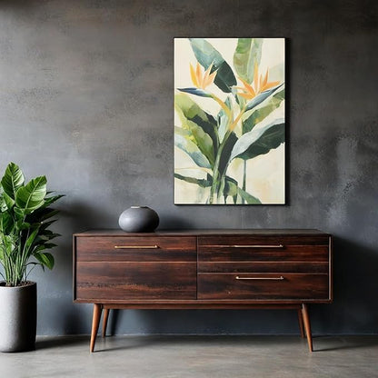 JolyWell Hand-paintd Botanical Canvas Wall Art Watercolor Green Leaf Tropical Plant Art Prints Boho Decor Bird of Paradise Flowers Leaf Wall Painting for Living Room Bedroom 24 x 36 IN