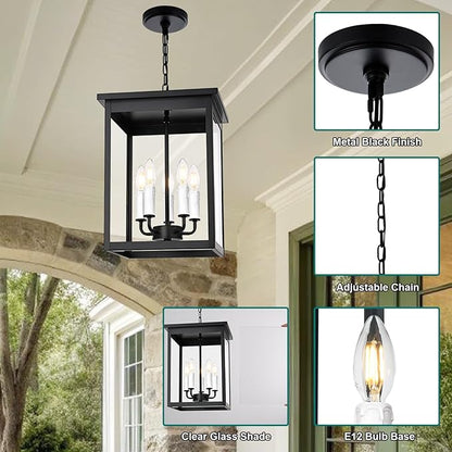 5 Lights Indoor Pendant Light White Outdoor Chandelier Exterior Hanging Fixtures Ceiling Mount with Clear Glass Shade Hanging Lantern Adjustable Pendant Lighting for Outdoor Hallway