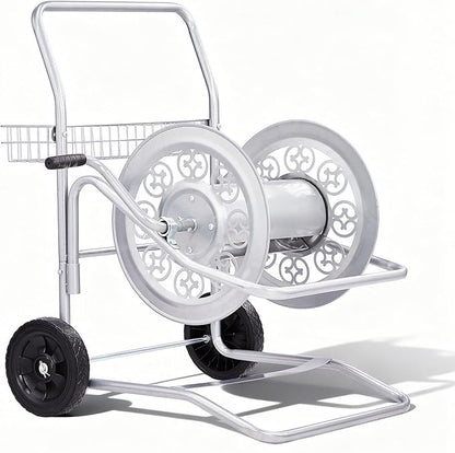 Outvita Hose Reel Cart, Hold up to 200 Ft of 5/8'', Garden Water Hose Reel Carts Mobile Tools with 2 Wheels, Heavy Duty Powder-coated with Storage Basket, for Garden, Yard, Lawn(Silver)