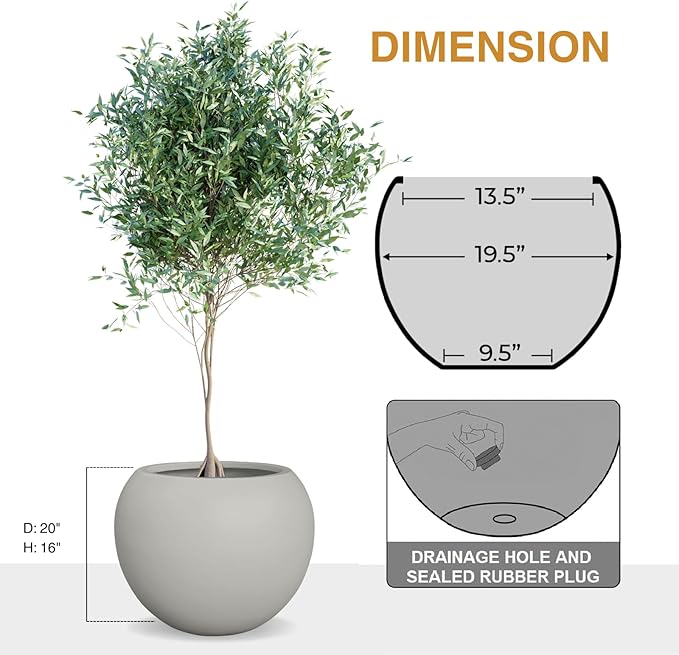 16"H x 20"D Globo Fiberstone Round Planter with Drainage Hole, Smooth Finishes, Weather Resistant for Indoor and Outdoor Use, Included 2 Extra Coco Mats (Light French Gray, 13.5 Pot Opening)