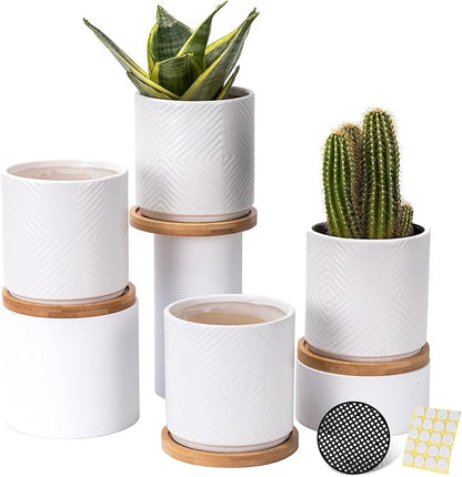 4 Inch Ceramic Planter with Drainage Hole and Saucer, Geometry Design Succulent Plant Pots, Flower Pot for Indoor & Outdoor Snake Plant Succulent Cactus & Herbs, Set of 4 (Plants Not Included )