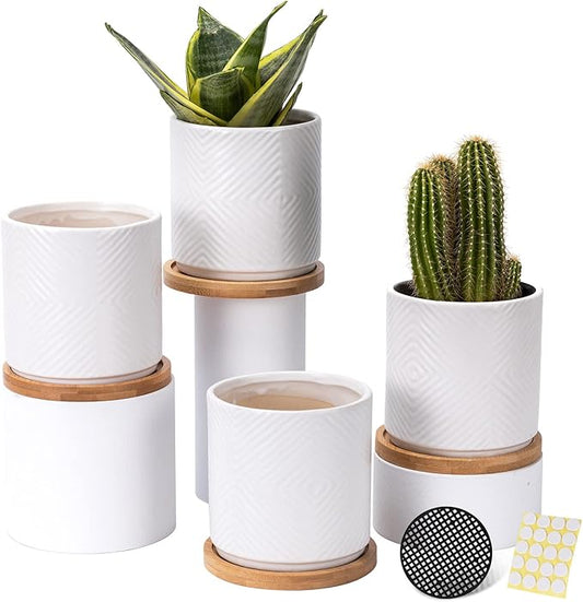 4 Inch Ceramic Planter with Drainage Hole and Saucer, Geometry Design Succulent Plant Pots, Flower Pot for Indoor & Outdoor Snake Plant Succulent Cactus & Herbs, Set of 4 (Plants Not Included )