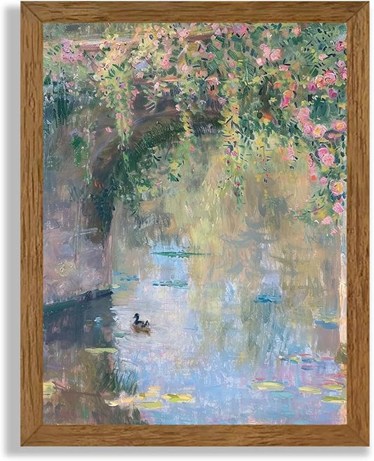 Wojuin Framed Vintage Monet Canvas Wall Art, Garden Rose Cute Animals Painting Picture Wall Decor, Sunset Iandscape Poster Impressionist Floral Prints for Living Room Bedroom Bathroom Office 8x10 in