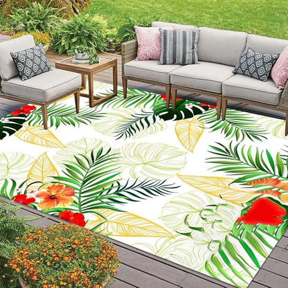 Orange Green Red Flowers and Palm Monstera Leaves Waterproof Outdoor Area Rug for Patio Deck Balcony Washable Tropical Theme Outside Rug Backyard RV Camping Floor Carpet Indoor Runner Mat 6x8