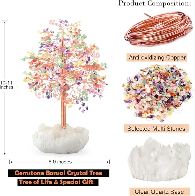 Gemstone Crystal Tree of Life,Quartz Base Chakra Tree,Feng Shui Money Tree Bonsai,Wealth Prosperity Good Luck Reiki Healing Crystals Balancing,Ornament Home Decor,Spriture Gift,Size 10-11"