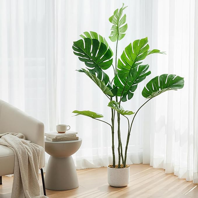 4FT Artificial Monstera Plant - Realistic Fake Tropical Palm Tree for Home Decor - Large Faux Monstera Deliciosa with Bendable Stems - Indoor Outdoor UV Resistant