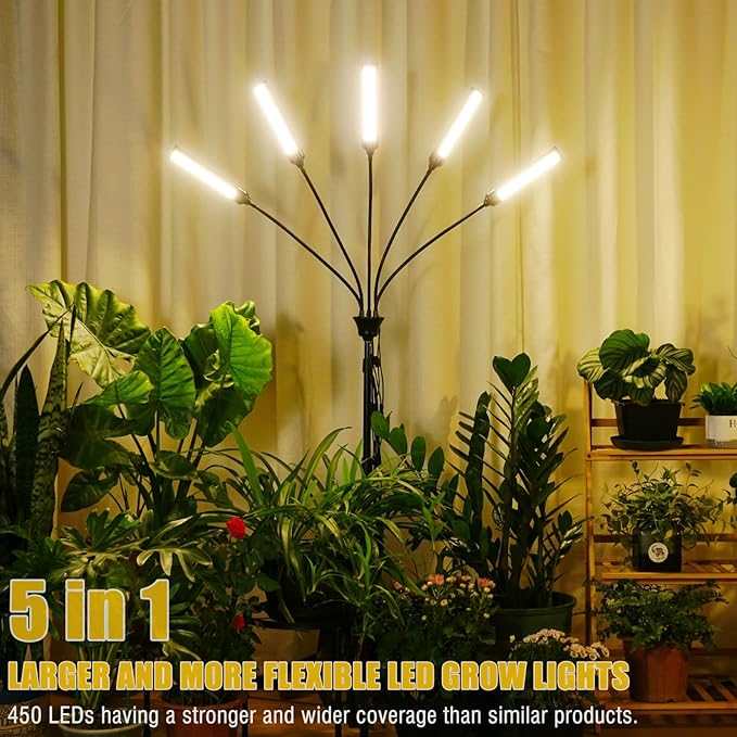 LED Grow Light Coverage and Upgraded Larger Board, Full Spectrum Grow Lamps for Indoor Hydroponic Growing Light with High PPFD (5 Branches)