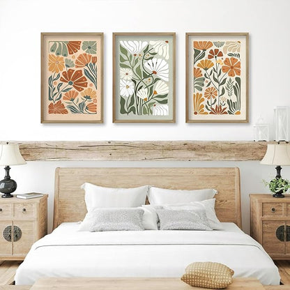 Wildflower Floral Green Botanical Wall Art Print 16"x11" Set of 3 flower Illustrations Minimalist Modern Boho Sign Wood Framed for Living Room Bedroom Office Abstract Wall Hang Decor (Wood)