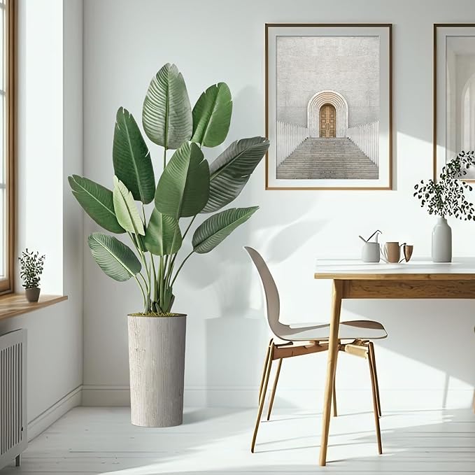 Artificial Tree in Modern Swirl Pattern Planter, Fake Bird of Paradise Silk Tree for Indoor and Outdoor Home Decoration - 67" Overall Tall (Plant Pot Plus Tree)
