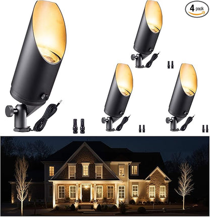 Gardenreet Brass Landscape Lighting - Black Low Voltage Outdoor Spotlights, Wired LED Uplights 12V, Waterproof Spot Lights for Outside Trees Without MR16 Bulb (4 Pack)