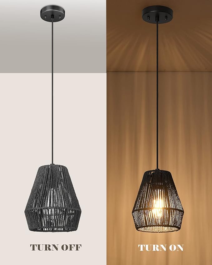 Woven Pendant Light Fixtures, ELYONA 7" Farmhouse Coastal Hanging Lamp with Matte Black Handwoven Rattan Basket Shade Modern Boho Pendant Light for Kitchen Island Dining Room Bar Bedroom Foyer Hallway