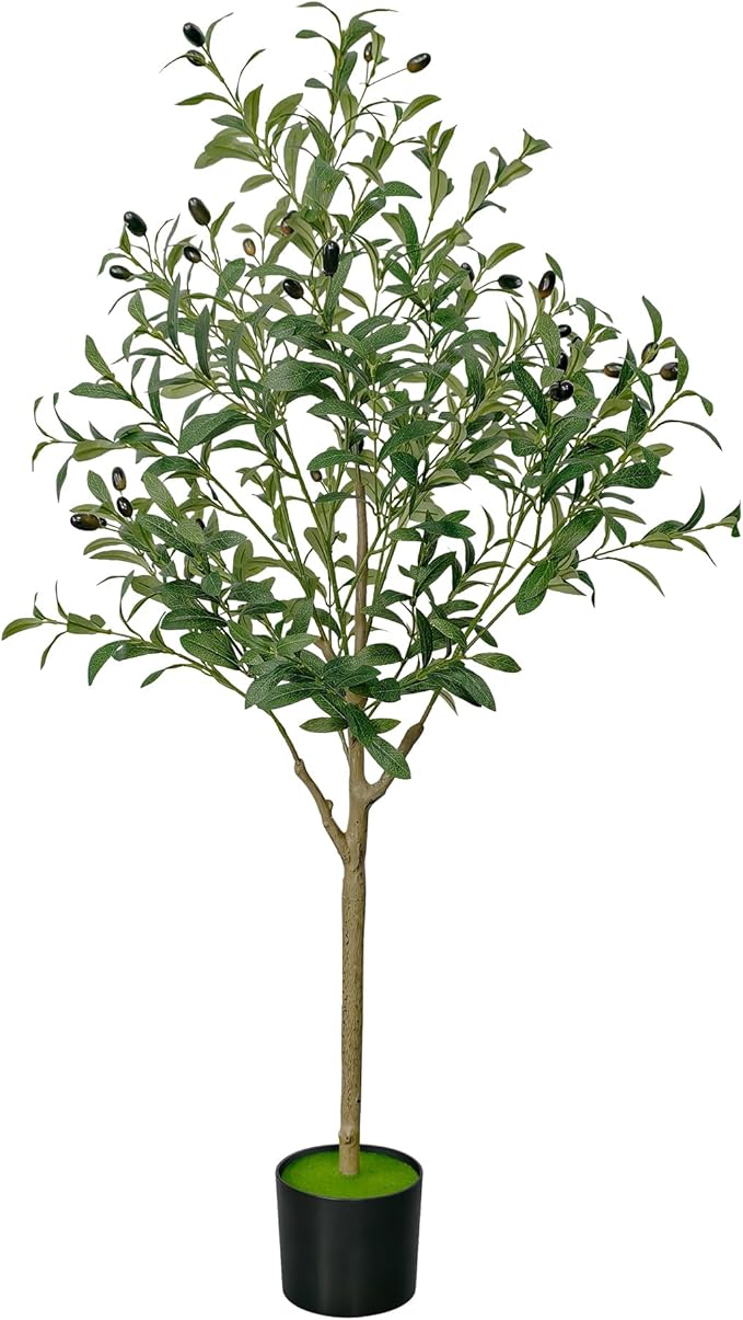 4 FT Olive Trees Artificial Indoor, Faux Olive Tree 4ft with Natural Wood Trunk Branches and Lifelike Fruits, Realistic Fake Tree Artificial Plants Tall with Planter for Home Office Decor