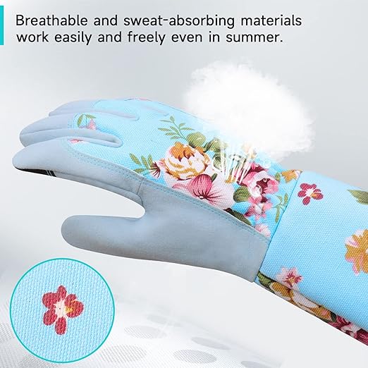 Women's Long Arm Gardening Gloves, Flexible Hand Protection, Ergonomic Design for Digging, Trimming & Garden Maintenance, Blue Large