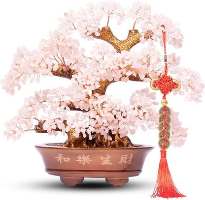 Natural Rose Quartz Tree Large,14" Chakra Crystal Tree(1,251 Gemstone Count) w/Lucky Coins Chain Healing Properties - Bonsai Feng Shui Money Tree for Love Self Care Home Office Decoration