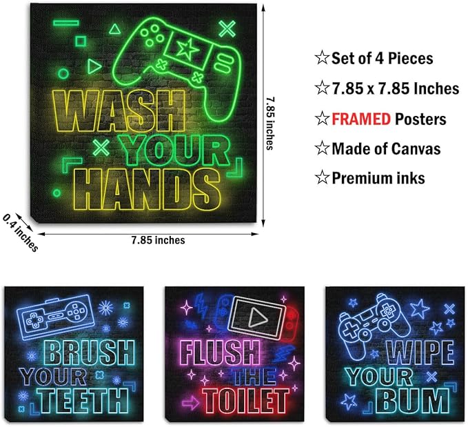 4 PCs Neon Gaming Wall Decor Canvas Wall Art Framed Art Game Room Decor Boys Room Decor Gaming Posters, Gamer Room Decor for Boys, Artwork for Walls Video Game Room Playroom Boys Bedroom Office Decor