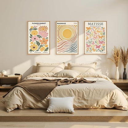 Boho Flower Market Framed Canvas Wall Art Set, Matisse Floral Wall Decor, Abstract Botanical Wall Painting, Nature Floral Illustration Art Prints for Living Room, Bedroom, Office 24"X36"X3