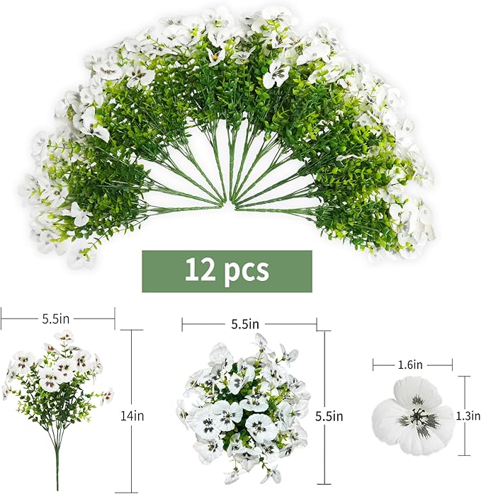 12 Bundles Artificial Flowers for Outdoor, UV Resistant Fake Pansy Flowers, Silk Faux Fowers for Outdoor Planters Home Garden Office Patio Front (12, White)