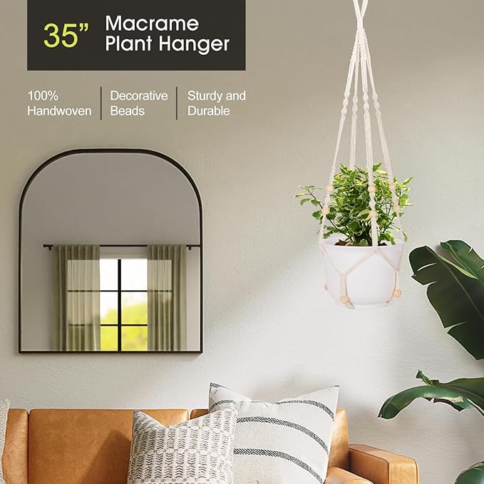 RIFNY Macrame Plant Hanger for 5 to 10 Inch Plant Pots, 35 Inch Indoor Handmade Woven Rope Hanger Kits with Hooks and Wood Beads, Hanging Planter Basket Holder for Boho Home Decor (White, 3 Pack)