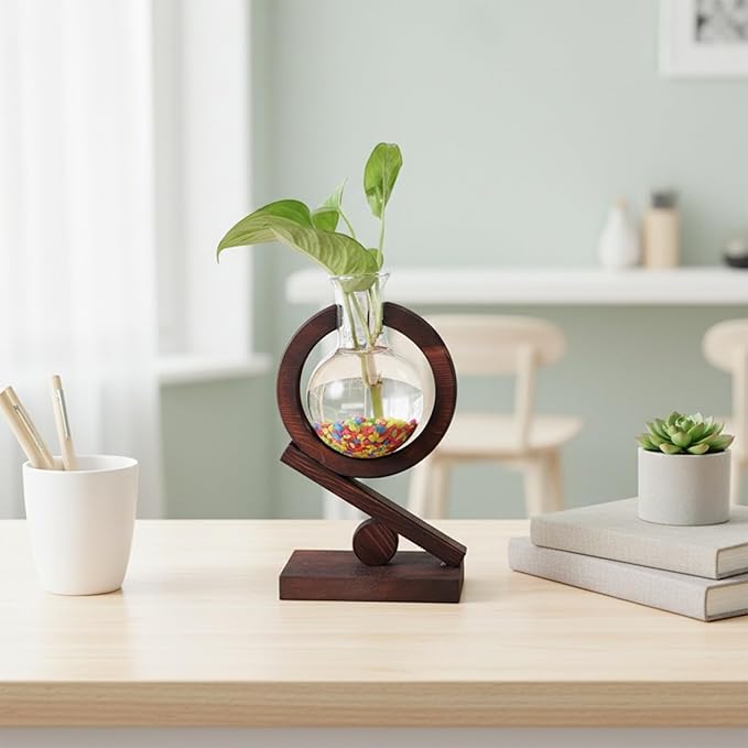 Plant Terrarium with Wooden Stand Glass Bulb Planter Propagation Station for Home Office Garden Plants Display Desk Decorative Ornament