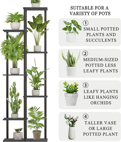 Plant Stand Indoor 7 Tier 8 Potted Metal Wood Plant Shelf, Multiple Flower Pots Corner Tall Plant Holder Stands for Living Room Balcony Bedroom, Black