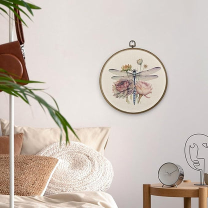 MAQIKA Dragonfly Flower Framed Wall Art Decor, Dragonfly Wall Art, Boho Botanical Round Wall Hanging Decor, Vintage Dragonflies Canvas Prints Wall Art for Farmhouse Wall Sculptures Bedroom,10x10 Inch