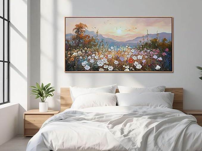 Framed Landscape Wall Art Canvas Painting Extra Large Wall Decor for Living Room, Nature Wildflower Picture Scenry Artwork Textured for Bedroom Dining Room Kitchen Home Office 58"x29"