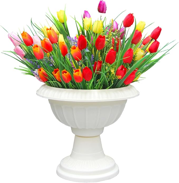 0kiygoo 12 Outdoor Artificial Flower Pieces, Bulk Fake Plastic Plants for Porch, Window, Home & Wedding Decoration in Fall and Summer, Ideal for Hanging Planters (Tulip)