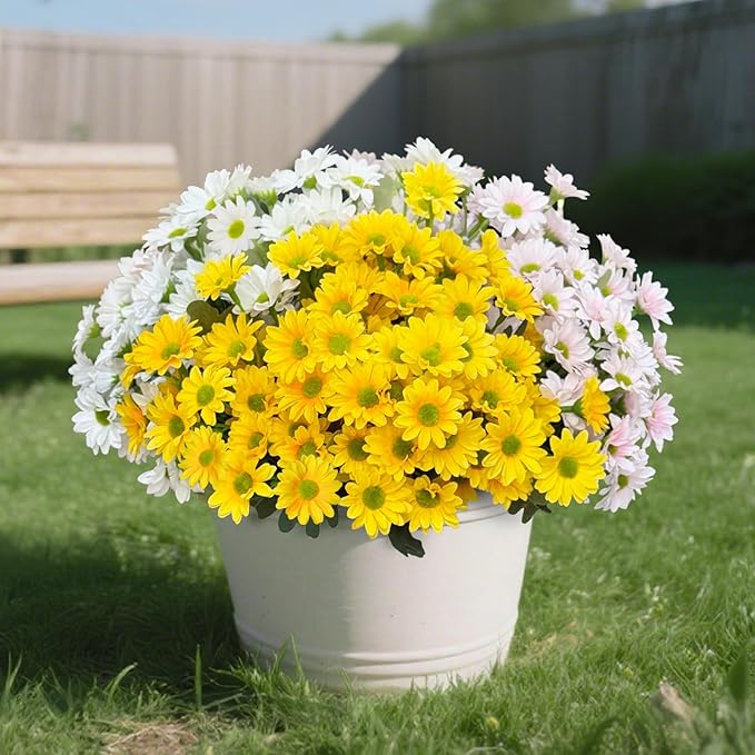 Artificial Fake Mums Flowers Plants for Outdoors,12 Bundles Faux mums Mix Silk Glory UV Sun Resistant, Realistic Flowers for Planter Porch Patio Yard Balcony Home Decor (Yellow/White/Pink)
