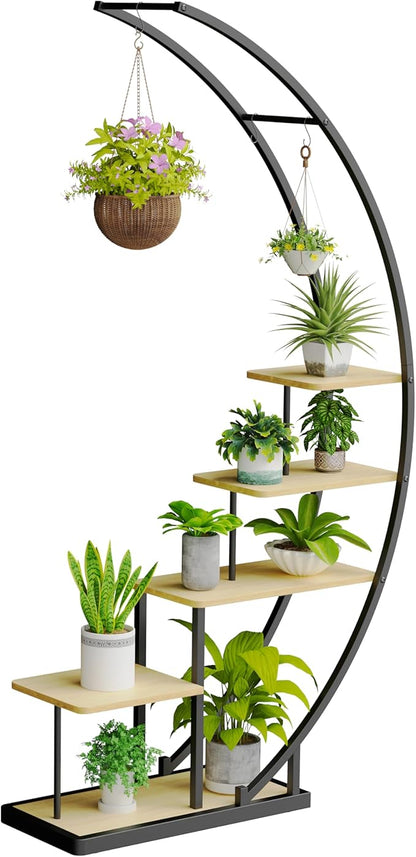 JACK&JULIA Plant Stand, Half Moon 5 Tier Tall Metal Plant Shelf with 3 Hooks, Large Curved Shape Rack Plant Holder for Living Room, Garden, Patio, Balcony