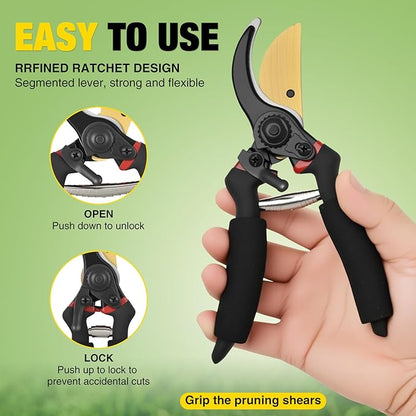 Yesker Pruning Shears for Gardening 8" Professional Bypass Garden Scissors Yard Clippers with Sharp Carbon Steel Blade Heavy Duty Hand Pruners for Branch Flower Plant Trimming Cutting Gardening Tools