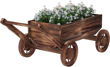 Wooden Flower Cart with Wheels Wooden Wagon Planter Outdoor Garden Planter Decor Planter for Patio Balcony Trolley Decoration Succulent Flower Pot, Indoor Backyard Balcon Decor（L）