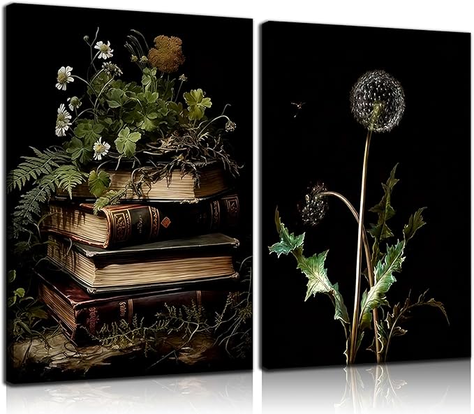 Kdyudo 2 pcs Vintage Botanical Canvas Wall Art, Gothic Dark Collegiate Style, Book Image Printing Atmosphere, Rustic Floral Painting Poster Artwork, Suitable for Study Gallery Wall Decor 12x16 inch