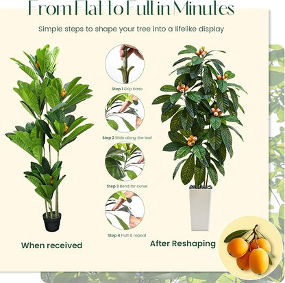 Artificial Loquat Tree：Faux Tree Realistic Fake Tropical Fruit Plant Large Silk Floor Plants with Lifelike Fruits&Pot for Home Decor Indoor Outdoor Room Office Patio Balcony(5FT,1-Pack,White)