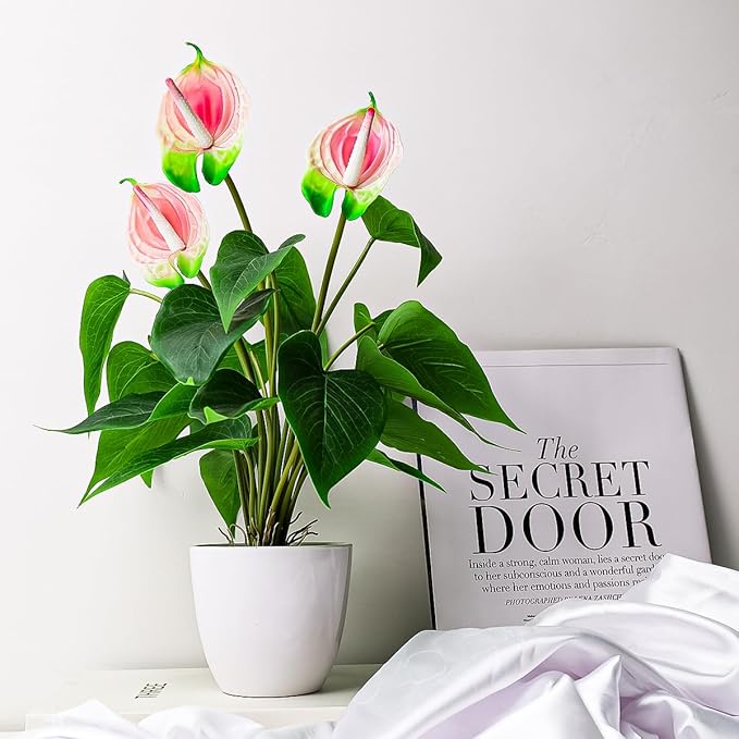 Folmywy Artificial Flower 15 Inch Anthurium Fake Plant Indoor Faux Simulation Tropical Flowers Pink in Plastic Pot Realistic Bonsai Greenery Table Centerpieces Shelf Decor Outdoor Garden