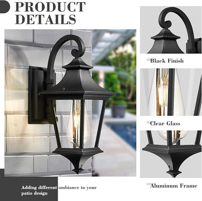 Emliviar 15 Inch Outdoor Wall Lantern, Modern Outside Front Door Lights, Black Finish with Clear Glass, XE292B BK