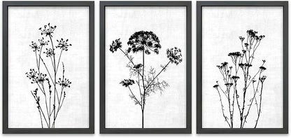 TQianJiang Flower Plant Wall Decor 16"x11" Black And White Botanical Painting Wood Framed Set of 3 Bedroom Office Abstract Wildflower Sign Hanging Art (Black)