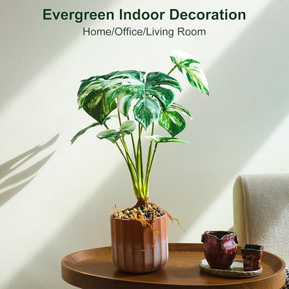 Tall Fake Monstera Plant, 8 Leaves Faux Tree in Red & White Ceramic Pot, Artificial Plants Indoor & Outdoor, Decorative Floor Plant for Living Room, House Decor